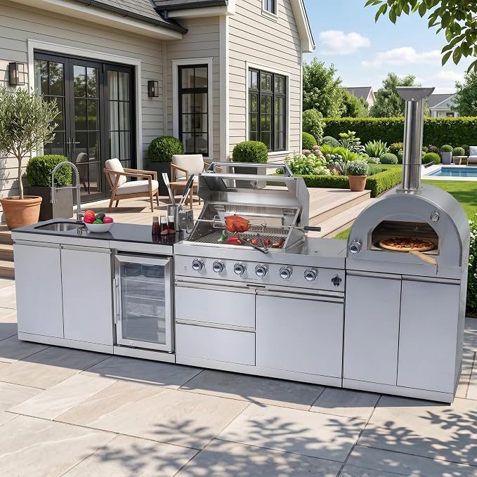 125 Inch Outdoor Kitchen Island, 108000 BTU Double Stainless Steel Propane Gas BBQ, Silver, with Pizza Oven, Wine Cooler, Refrigerator, Rotisserie, Granite Countertops & Storage Cabinets