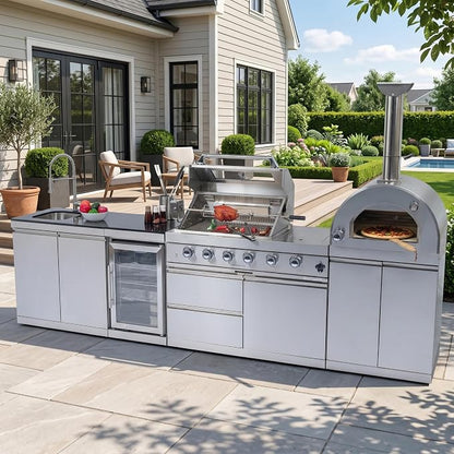 125 Inch Outdoor Kitchen Island, 108000 BTU Double Stainless Steel Propane Gas BBQ, Silver, with Pizza Oven, Wine Cooler, Refrigerator, Rotisserie, Granite Countertops & Storage Cabinets