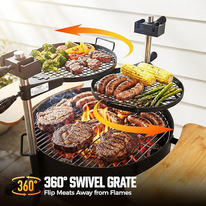 BIG HORN Santa Maria Grill, Portable Argentinian Parrilla with Adjustable Height & 360° Rotating Grates, Charcoal Open Fire BBQ Grill with Rotisserie for Camping, Patio & Backyard