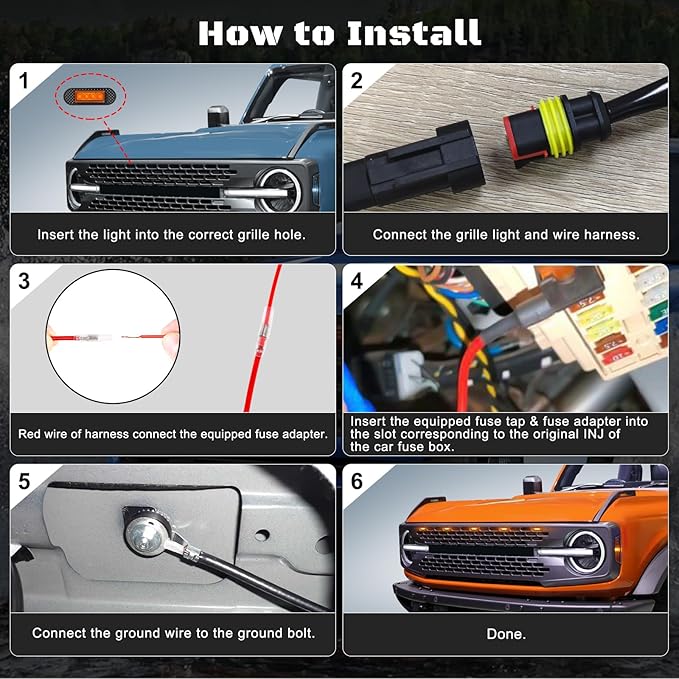 5 Pcs Grille Lights Compatible with 2021 2022 2023 2024 Ford Bronco Badlands, Wildtrak, Everglades 2/4-Door - LED Front Grille Lights Accessories with Fuse & Harness(Amber Light)