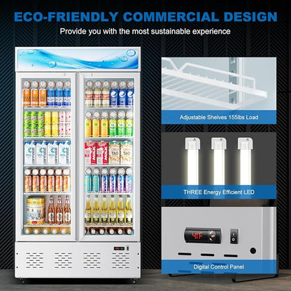 41.34'' W Commercial Beverage Refrigerators, 30 Cu.ft Glass Door Refrigerator Commercial with LED Light and 10 Shelves, Display Refrigerator for Restaurant Store Cafe Bar, White