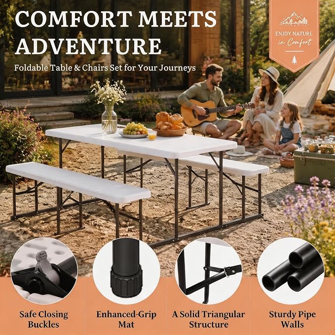 DWVO 4.5ft Picnic Table, Outdoor Folding Picnic Tables with Benches | Heavy Duty Plastic Table Benches for Outside, Portable Resin Camping Table for Events Tailgating Beach Garden Utility, White