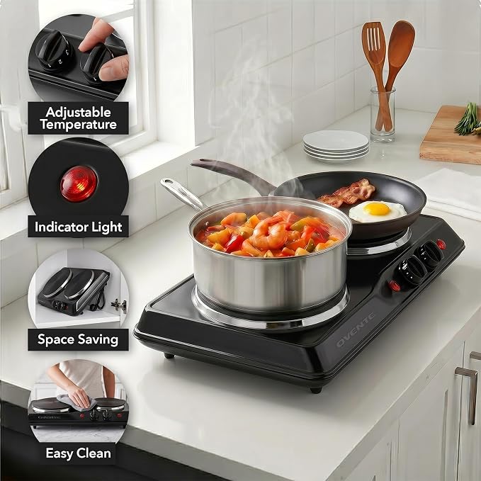 OVENTE Electric Cast Iron Double Burner, 1700W Hot Plate, Black BGS102B | 7.25" & 6.10" Portable Countertop Cooktop, Metal Housing, 5 Level Temperature Control, Indicator Light, Easy-to-Clean