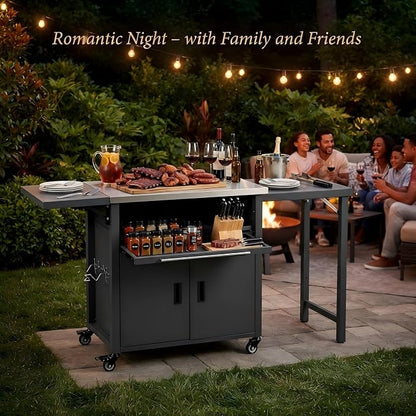 74” Outdoor Grill Table with Storage Cabinet & Folding, Metal | Stainless Steel Top Grill Cart for Kitchen with Universal Wheels, Kitchen Island Prep Table/Pizza Oven/Trash Rack, BBQ Patio