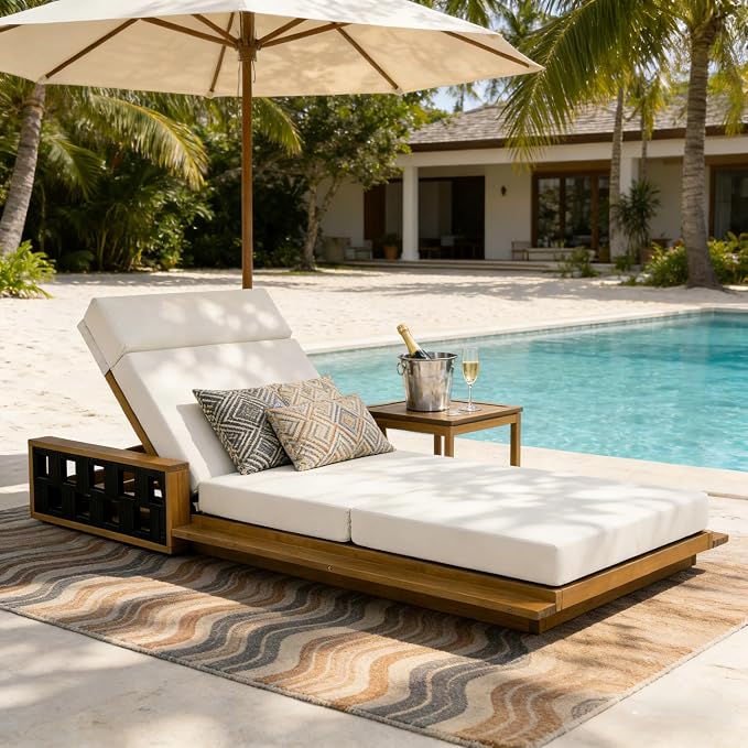 Merax Acacia Wood Patio Chaise Lounge Set of 4, Outdoor Reclining Chairs with 4-Position Adjustable Backrest, 4-Piece Sunbathing Recliner & 4" Thick Four-fold Cushion for Poolside, Garden, Beige
