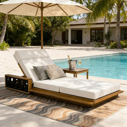 Merax Acacia Wood Patio Chaise Lounge Set of 2, Outdoor Reclining Chairs with 4-Position Adjustable Backrest, 2-Piece Sunbathing Recliner & 4" Thick Four-fold Cushion for Poolside, Garden, Beige