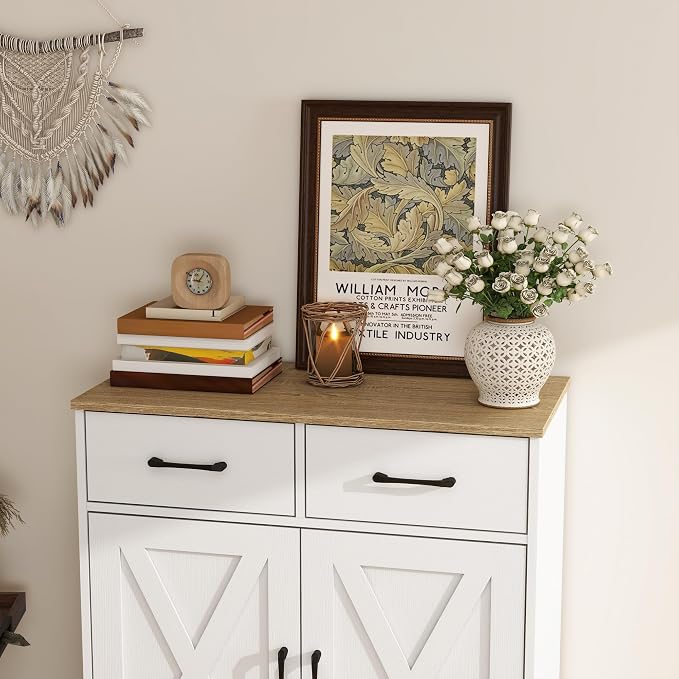 Panana Sideboard 2 Drawers 2 Doors Entryway Storage Cabinet Living Room Organizer Farmhouse Style Wooden Kitchen Cupboard (White)
