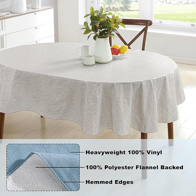 Newbridge Napa Leaf Beige Vinyl Flannel Backed Tablecloth, 60 x 102 Inch Oval, Hotel Quality Waterproof Indoor Outdoor Table Cover for Kitchen, Patio, Dining, BBQ