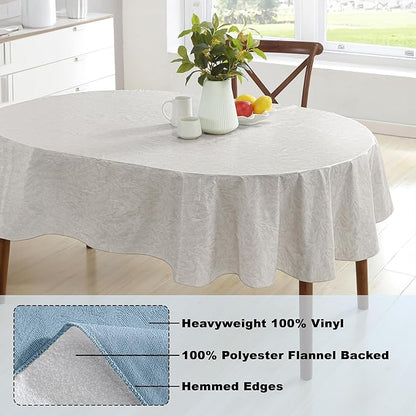 Newbridge Napa Leaf Beige Vinyl Flannel Backed Tablecloth, 60 x 84 Inch Oval, Hotel Quality Waterproof Indoor Outdoor Table Cover for Kitchen, Patio, Dining, BBQ