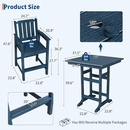 Garvee 3-Piece Outdoor Adirondack Bar Set, Patio Bar Table with 2 Bar Chairs, HDPE All-Weather Patio Bar Furniture Set with Umbrella Hole, for Balcony, Backyard, Poolside, Bistro