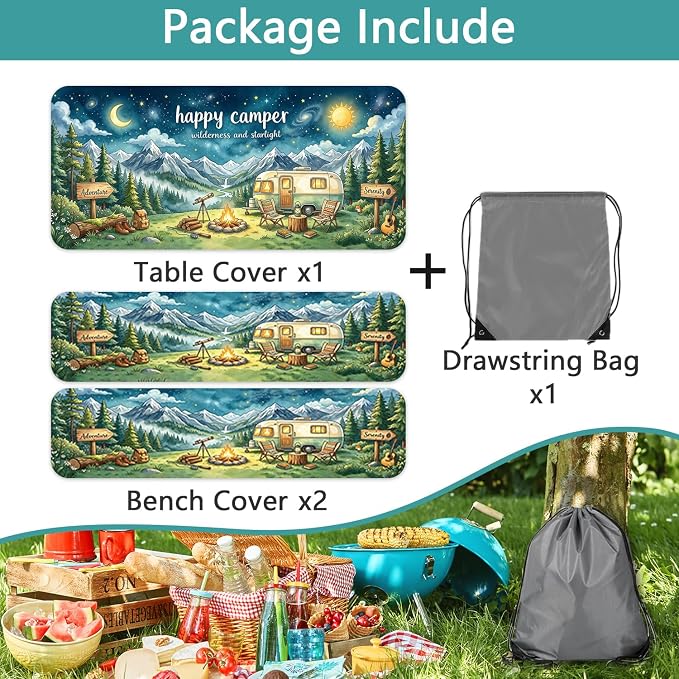 Picnic Table Cover with Bench Covers and Bag, Camping Essentials, Happy Camper Starry Night Waterproof Camping Tablecloth, Elastic Edges Fitted Rectangle Tables for Outdoor & Garden, 3PCS, 30x60 Inch