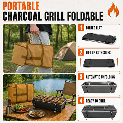 Portable Charcoal BBQ Grill, Small Foldable Camping Barbecue | Serves 2–4, Full‑Grate Cooking Coverage, 3‑Second Setup, with Carry Bag, Ideal for Outdoor Cooking, Tailgating & Backyard