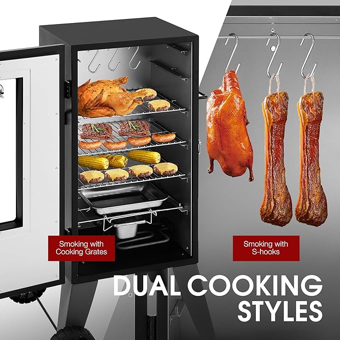 SE2806 28-Inch Analog Electric Smoker With 3 Chrome-plated Smoking Racks, Clear Viewing Window, 454 Sq. In. Cooking Area in Total, 1350W Output, Adjustable Temperature Control, Black