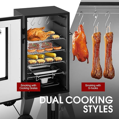 SE2806 28-Inch Analog Electric Smoker With 3 Chrome-plated Smoking Racks, Clear Viewing Window, 454 Sq. In. Cooking Area in Total, 1350W Output, Adjustable Temperature Control, Black
