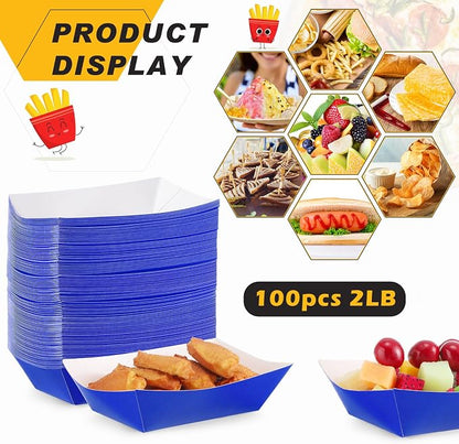 100 Pcs 2lb Paper Food Trays Boat Nacho Boats for Hot Dogs, Blue | Grease-Resistant, Disposable Kraft Paper Boat for Tacos Concession, Food Trucks, Birthday, Wedding, Christmas, Halloween