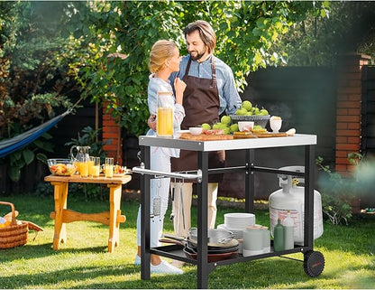 onlyfire Movable Stainless Steel Dining Cart Table, Pizza Oven Table with Propane Tank Holder, Heavy Duty Utility Cart on Wheels for Outdoor Kitchen, BBQ Grill, Patio, 33.6” x 21.7” Workstation