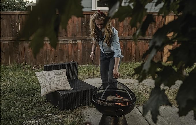 GasOne 22 in Round Outdoor Fire Pit - Wood Burning With Mesh Lid and Fire Picker - Durable Alloy Steel for Outside - Small for Backyard, Porch, Deck, Camping, BBQ