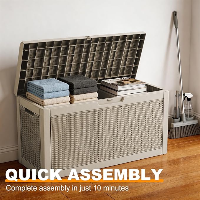 70 Gallon Waterproof Outdoor Storage Box,Deck Boxs for Outdoor and Indoor Use,Deck Storage Box for Picnic Supplies,Gardening Tools,Lockable and Easy to Install(Grey)