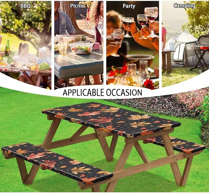 Classic Maple Leaf Elastic Fitted Table Cloth for Camping Party Supplies 3 PCS Set Thanksgiving Outdoor Picnic Table Cover with Bench Covers