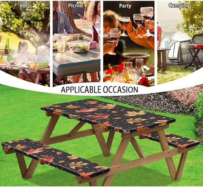 Classic Maple Leaf Elastic Fitted Table Cloth for Camping Party Supplies 3 PCS Set Thanksgiving Outdoor Picnic Table Cover with Bench Covers