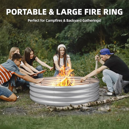 60 Inch Fire Pit Ring for Outside, 5FT Diameter Wood Burning Fire Ring, Large Round Galvanized Steel Fire Pit, Metal Outdoor Fireplace for Backyard, Patio, Camping, Bonfire (Silver)
