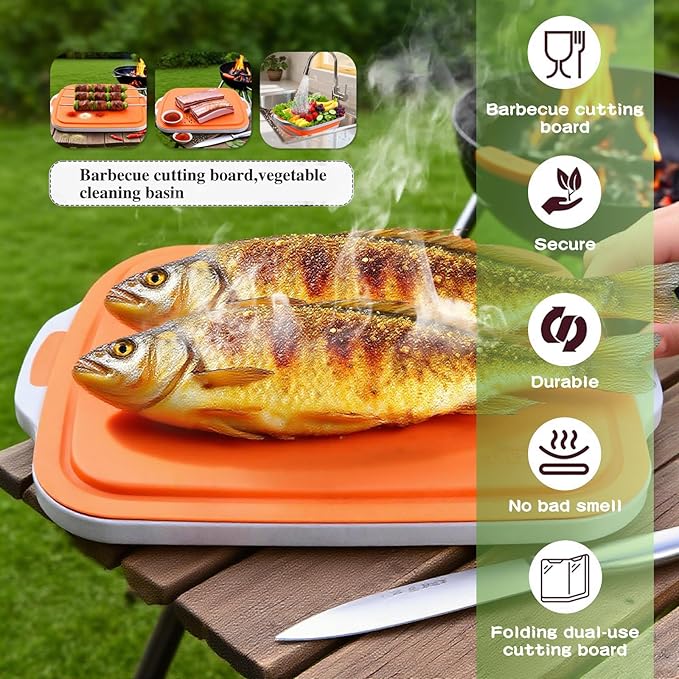 Collapsible BBQ Prep Tub with Lid & Cutting Board 16L - XL Meat Marinating Basin & Grill Carry System - 5pc Set with Heat Resistant Gloves, Basting Brush & Spatula(Orange, Large, 16L)