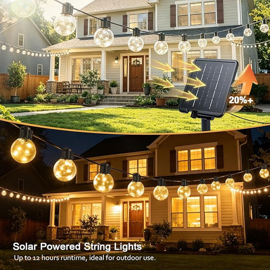 Outdoor String Lights Solar Powered, 50ft 20 LED Bulbs Hanging Patio Lights Dimmable w/Timer & Remote, Globe Bulb Shatterproof Waterproof for Outdoor Indoor Decor - Warm White