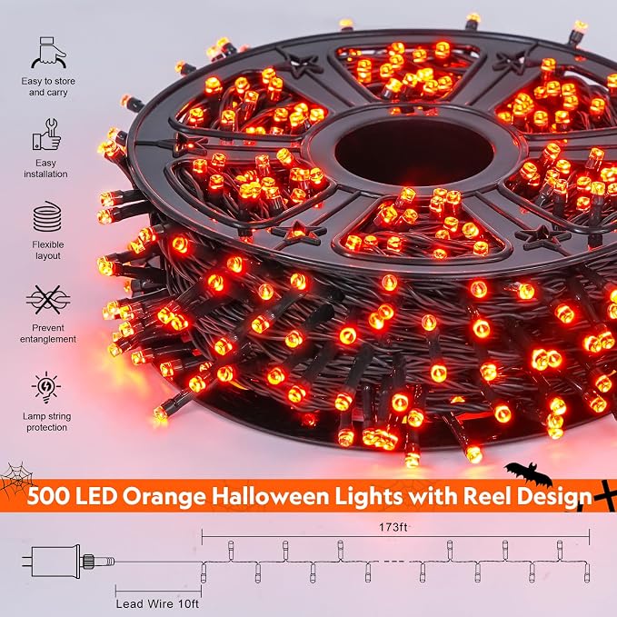 JMEXSUSS 500 LED Halloween Lights, 173ft Orange String Lights with Remote | Waterproof, 8 Modes, Plug in, Indoor Outdoor Orange Halloween Lights for Party Tree Fireplace Bedroom Patio Halloween Decor