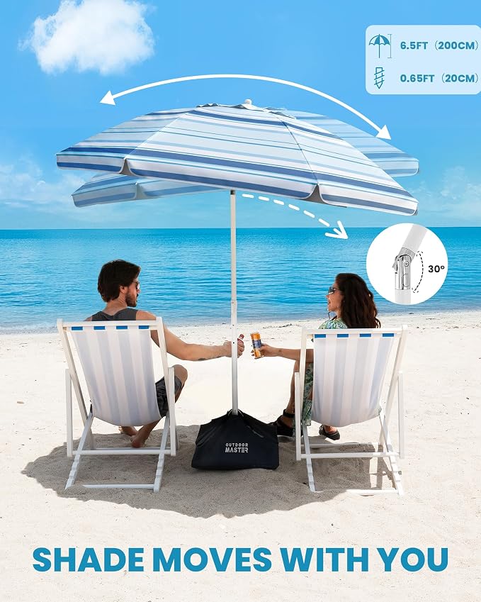 OutdoorMaster 7.2ft Beach Umbrellas for Sand with Sandbag & Anchor | 7.2ft Adjustable Umbrella for Beach, Wind Resistant, Portable UPF50+ Sunshade with Carry Bag for Patio