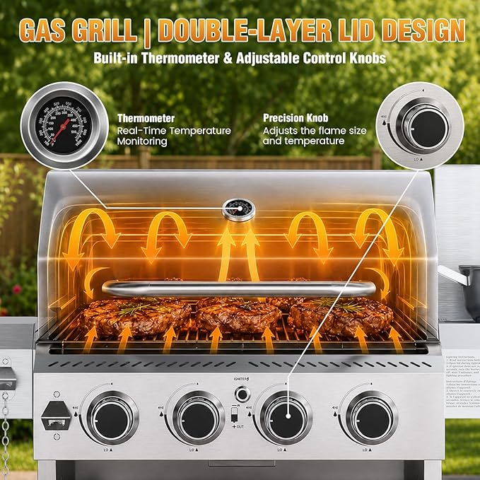 Electactic Stainless Steel 4-Burner Gas Grill with Side Burner – 42000BTU Propane BBQ Grill with Thermometer, Heavy-Duty Grill for Outdoor Patio and Backyard Cooking
