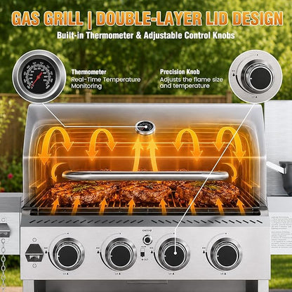 Electactic Stainless Steel 4-Burner Gas Grill with Side Burner – 42000BTU Propane BBQ Grill with Thermometer, Heavy-Duty Grill for Outdoor Patio and Backyard Cooking