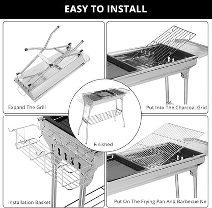 Outvita Portable Charcoal Grill, 39 x 12x 28" Foldable Barbecue Grill, Stainless Steel BBQ Grill and Smoker for Outdoor Cooking Camping Hiking Picnic Garden Beach Party(Large)