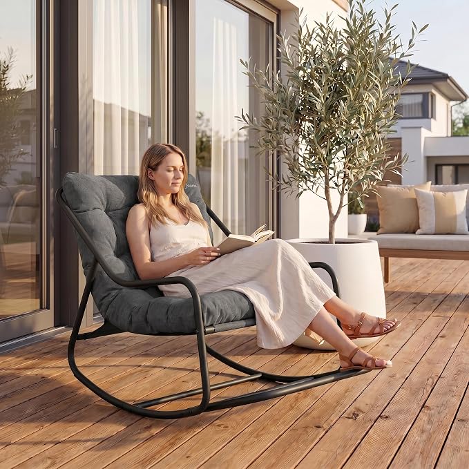 Outdoor Rocking Chairs, Metal Frame Outdoor Rocker with Footrest, Comfy Oversized Patio Chair with Thick Cushion, Reading Glider Lounge Chair for Living Room, Bedroom, Garden, Relax, Gray