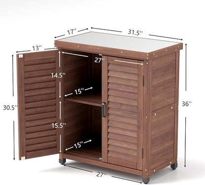 KEIKI Potting Bench with Storage Cabinet and Metal Table Top for Outdoor Patio Weatherproof Garden Workstation