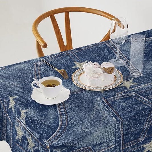 Denim Patchwork Style Tablecloth, Fashionable Blue Denim Jean Pocket Design Water Resistant Wipeable Table Cover for Farmhouse Picnic Party Holiday Kitchen Dinner Table 55"x75"