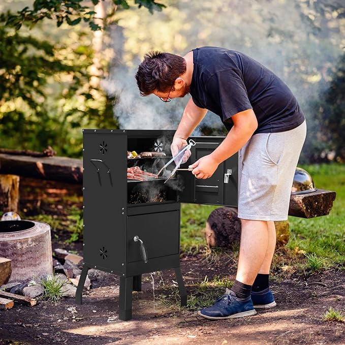 40" Portable Charcoal Grill,Metal Outdoor Barbecue Smoker,Heavy Duty Outdoor BBQ Grill,Portable Vertical Camping Barbecue Grill,with Doors & Thermometer,for Garden Patio Beach Backyard (Black)