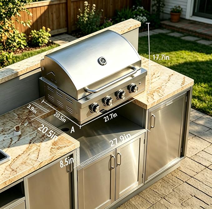 Gas Grill Built-In Head, 28-Inch 4-Burner Propane Grill, Natural Gas Convertible, Heavy Duty 304 Stainless Steel 48,400BTUs Outdoor Kitchen Island Family Cooking