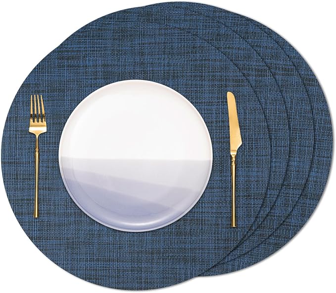 Round Placemats Set of 4 Heat Resistant Vinyl Placemats 15 inch Washable Non-Slip Table Mats Woven Place Mats for Dining Table (Dark Blue, Set of 4)