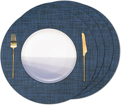 Round Placemats Set of 4 Heat Resistant Vinyl Placemats 15 inch Washable Non-Slip Table Mats Woven Place Mats for Dining Table (Dark Blue, Set of 4)