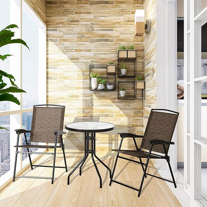 LDAILY LUARANE 3 Piece Patio Bistro Set, Outdoor Table and Chairs Set, 2 Folding Chairs & Coffee Table w/Textured Glass Tabletop, Small Patio Furniture Set for Balcony, Front Porch, Backyard & Garden