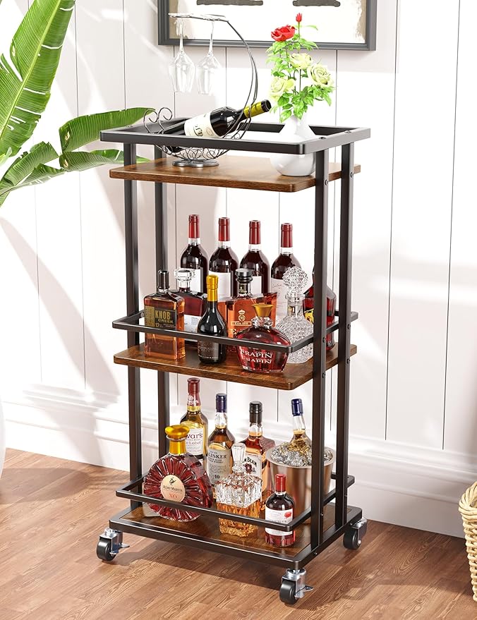 OKZEST 3-Tier Bar Cart for Home, Mini Rolling Liquor Cabinet & Serving Cart | Small alcohol coffee bar cart for party, Holds wine, liquor, beverage, glassware, shaker, coffee supplies, Rustic farmhouse