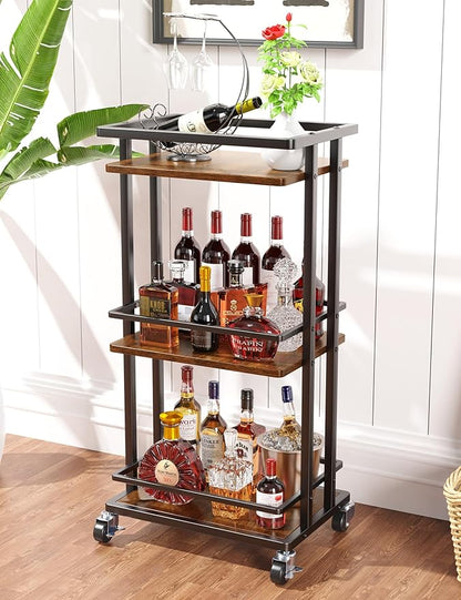 OKZEST 3-Tier Bar Cart for Home, Mini Rolling Liquor Cabinet & Serving Cart | Small alcohol coffee bar cart for party, Holds wine, liquor, beverage, glassware, shaker, coffee supplies, Rustic farmhouse