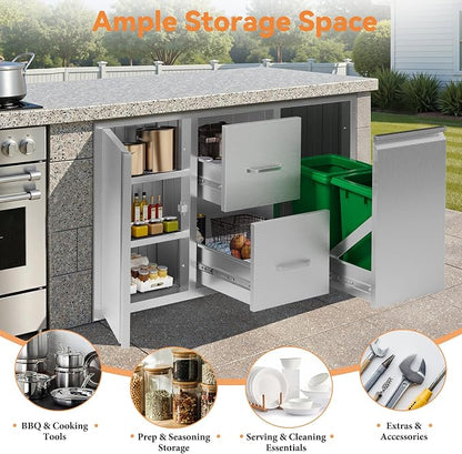 Jocisland 41.5" W×20" D×23" H Stainless Steel Outdoor Kitchen Drawers, Double Drawers with Trash Drawer & Door, 3-Tier Cabinet, Built-in BBQ Island Storage for Outdoor Kitchens