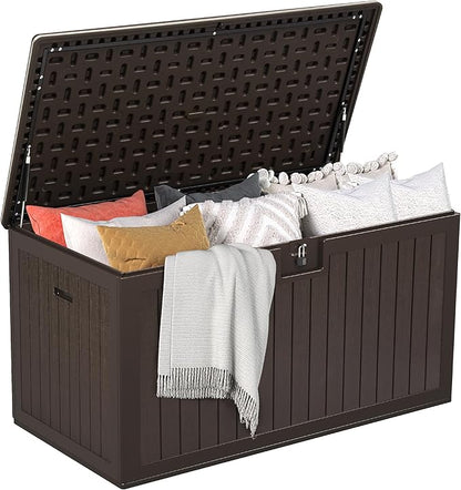 DWVO 180 Gallon Resin Outdoor Storage Box, XXL Double-Wall Waterproof Deck Box, Doubles as Table or Seating with 1000 lbs Capacity, Lockable (Brown)