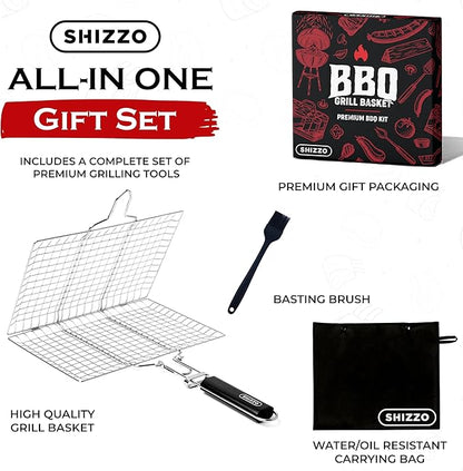 SHIZZO Shallow Grill Basket Set, Grilling Accessories Barbecue BBQ, Stainless Steel Folding Portable Outdoor Camping Rack for Fish, Shrimp, Vegetables, Cooking Accessories, Gift for Family, Freinds