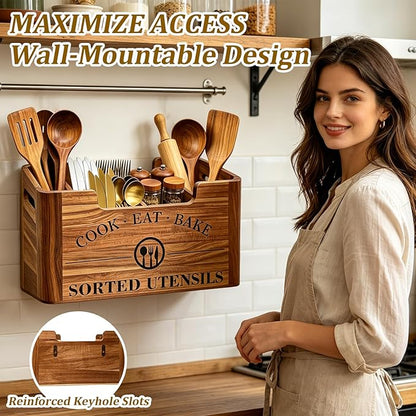 Upgraded Acacia Wood Kitchen Utensil Holder, Large Utensil Holder with Warm Aesthetic Spacious Compartment, Wooden Container for Cooking Tools, Cutlery, Spice Jars and Oil Bottles (Hybrid Caddy)