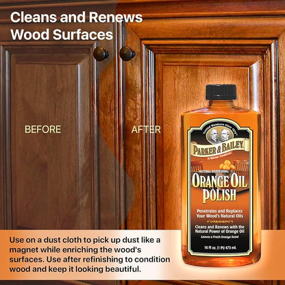 Parker & Bailey Orange Oil Polish, Natural Orange Scented Furniture Cleaner & Wood Table Cleaner, Cleans, Renews & Restores a Finish for Wood, Protects from Drying or Cracking, Shiny Finish, 16 oz