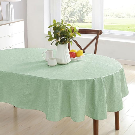 Newbridge Napa Leaf Sage Green Vinyl Flannel Backed Tablecloth, 60 x 84 Inch Oval, Hotel Quality Waterproof Indoor Outdoor Table Cover for Kitchen, Patio, Dining, BBQ