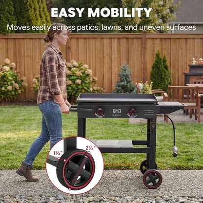 FEASTO 28" 2-Burner Propane Gas Griddle, 30,000 BTU, 458 Sq. In., Black | Outdoor Heavy-Duty Flat Top Grill with Front Grease Cup, Side Table & Wheels for Camping, Tailgating & Backyard