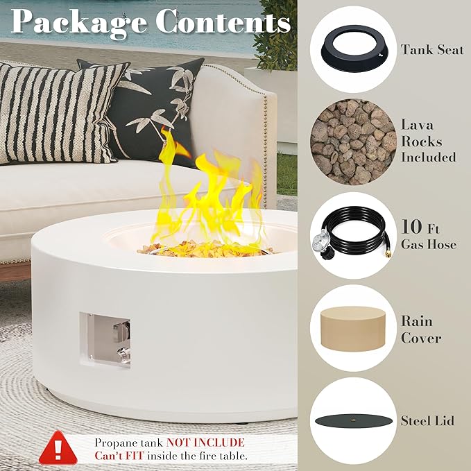32.5 Inch Propane Fire Pit Table, 50,000 BTU Round Patio Fire Pit Table Outdoor, CSA Certified, Stainless Burner with Steel Lid, Waterproof Cover & Lava Rocks, for Garden Backyard, White